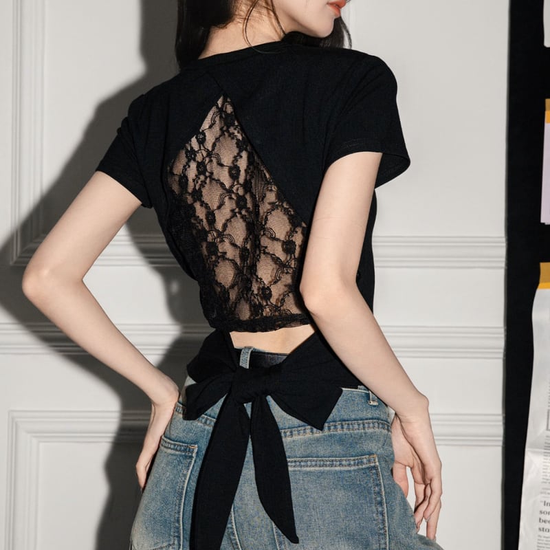 back-style lace-up ribbon tie short ribbed knit la0664