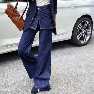 レイヤード風 デニム パンツ レディース ラップスカート風 ワイドパンツ ベルボトム フレア ジーンズ ハイウエスト ダブルウエスト 韓国 ストリート Y2K カジュアル 脚長 美脚 ボトムス [LS-CGP029]