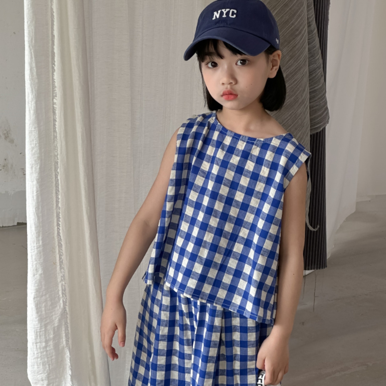 夏韓国風ブルーチェックベスト&ボトムスセット