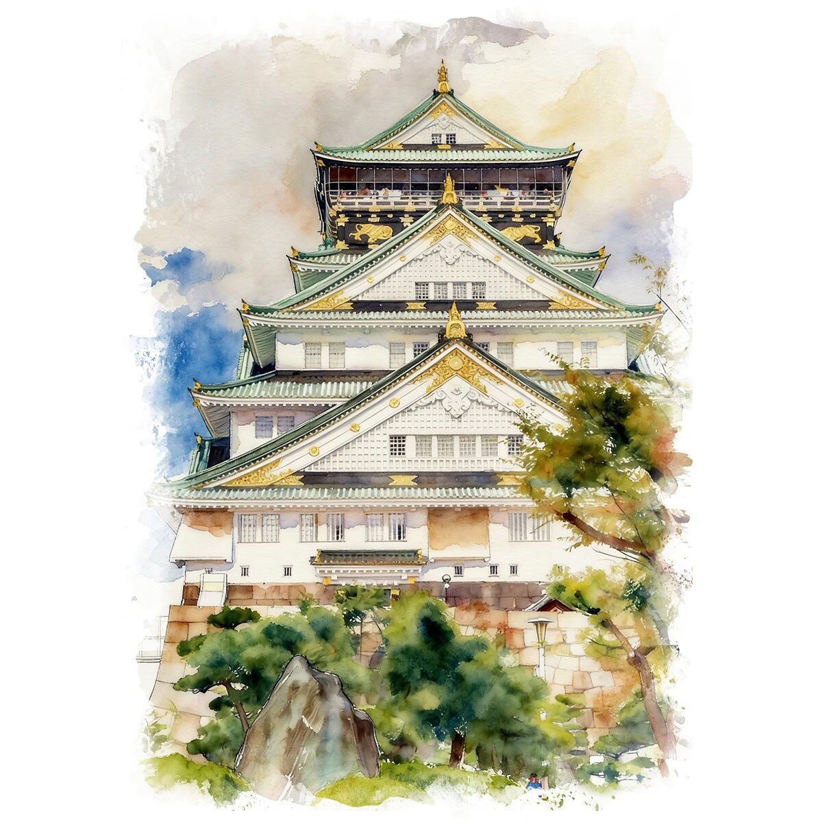 絵画 風景画 日本の城 大阪府大阪城 インテリアアート額付き 水彩画