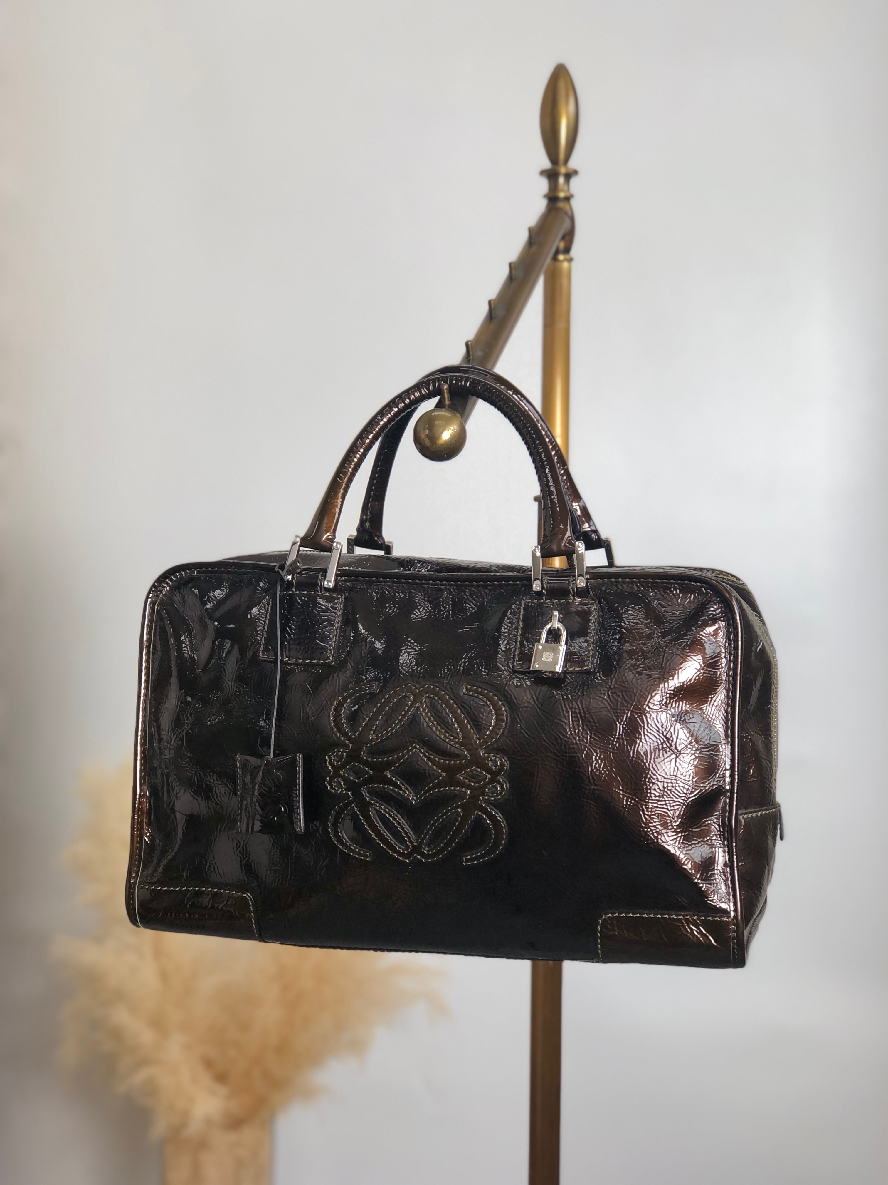 LOEWE ロエベ ボストンバッグ ブラウン アナグラム エナメル アマソナ  