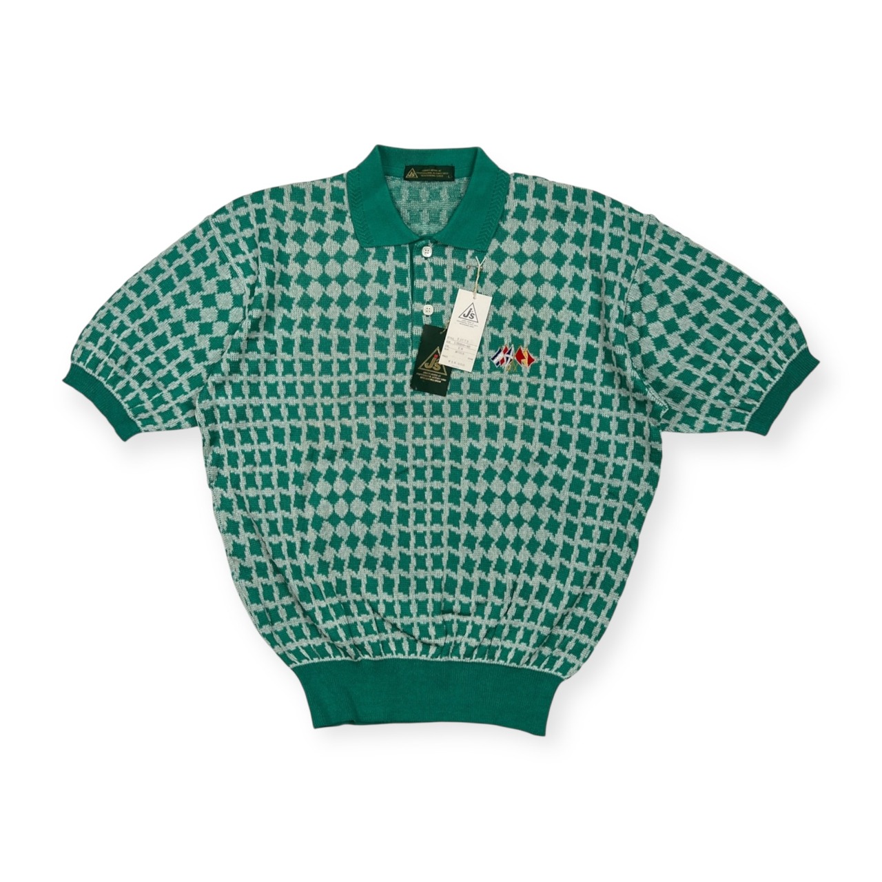 未使用品 タグ付き J’s ジェイズ ジャンボ尾崎 総柄 半袖 ニット ポロシャツ サイズ L /エメラルドグリーン