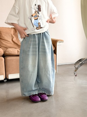 ルーズバレルレッグデニムパンツ（ウォッシュブルー）XDJK 2026春｜90-150cm｜ボトムス｜ジーンズ｜古着風 ［取寄］
