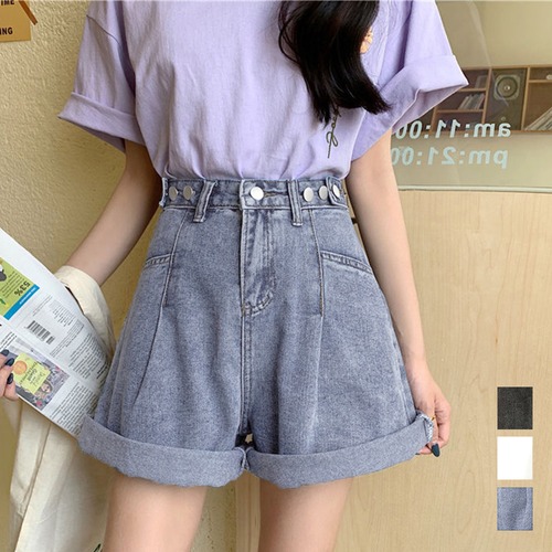 【日本倉庫即納】 ロールアップ デニムショートパンツ 美脚