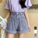 【日本倉庫即納】 ロールアップ デニムショートパンツ 美脚