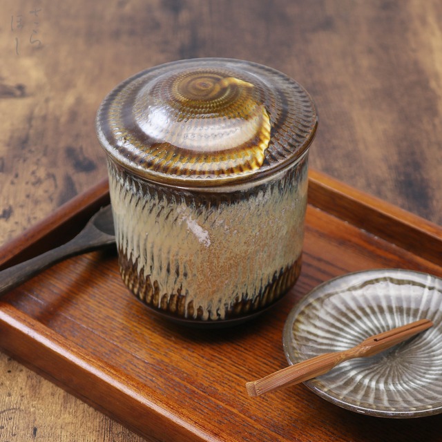 小鹿田焼 小袋窯 蓋付き大湯呑 飛びかんな 茶 高さ約11cm 陶器 和食器 民藝 蓋付きカップ
