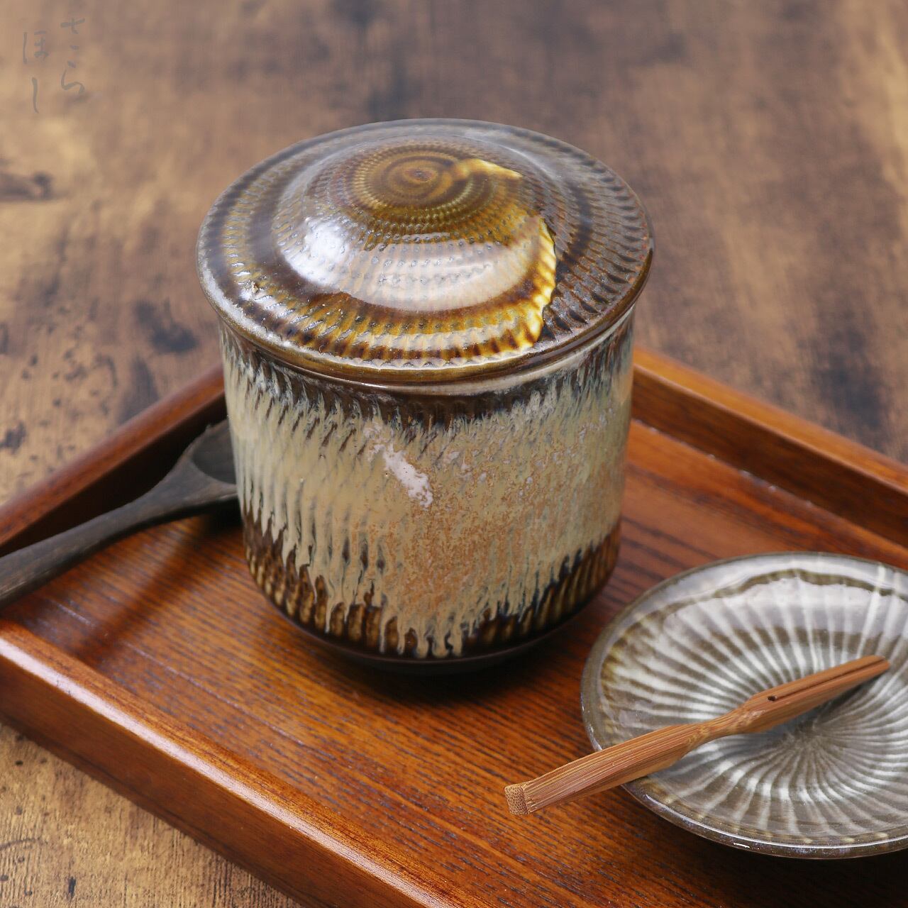 小鹿田焼 小袋窯 蓋付き大湯呑 飛びかんな 茶 高さ約11cm 陶器 和食器 民藝 蓋付きカップ