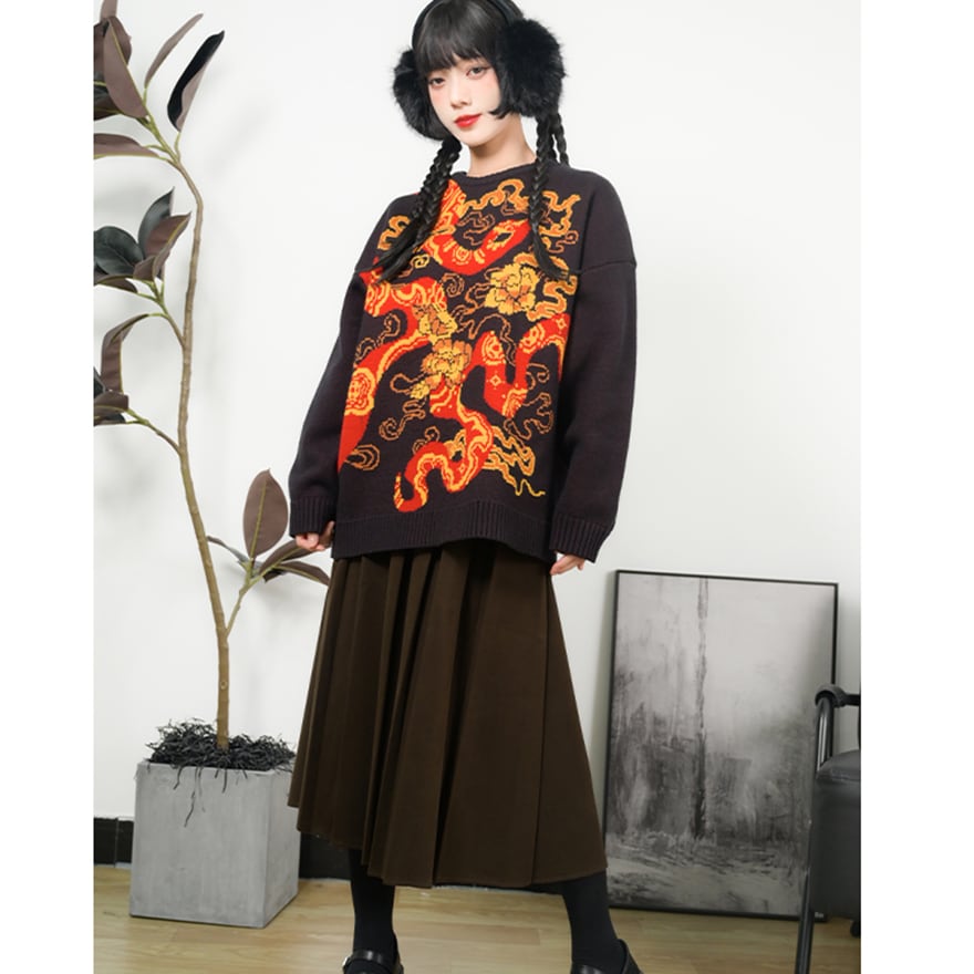 サブカル系 中華風 スネーク レッド ブラック ジャカードセーター 古怪舎