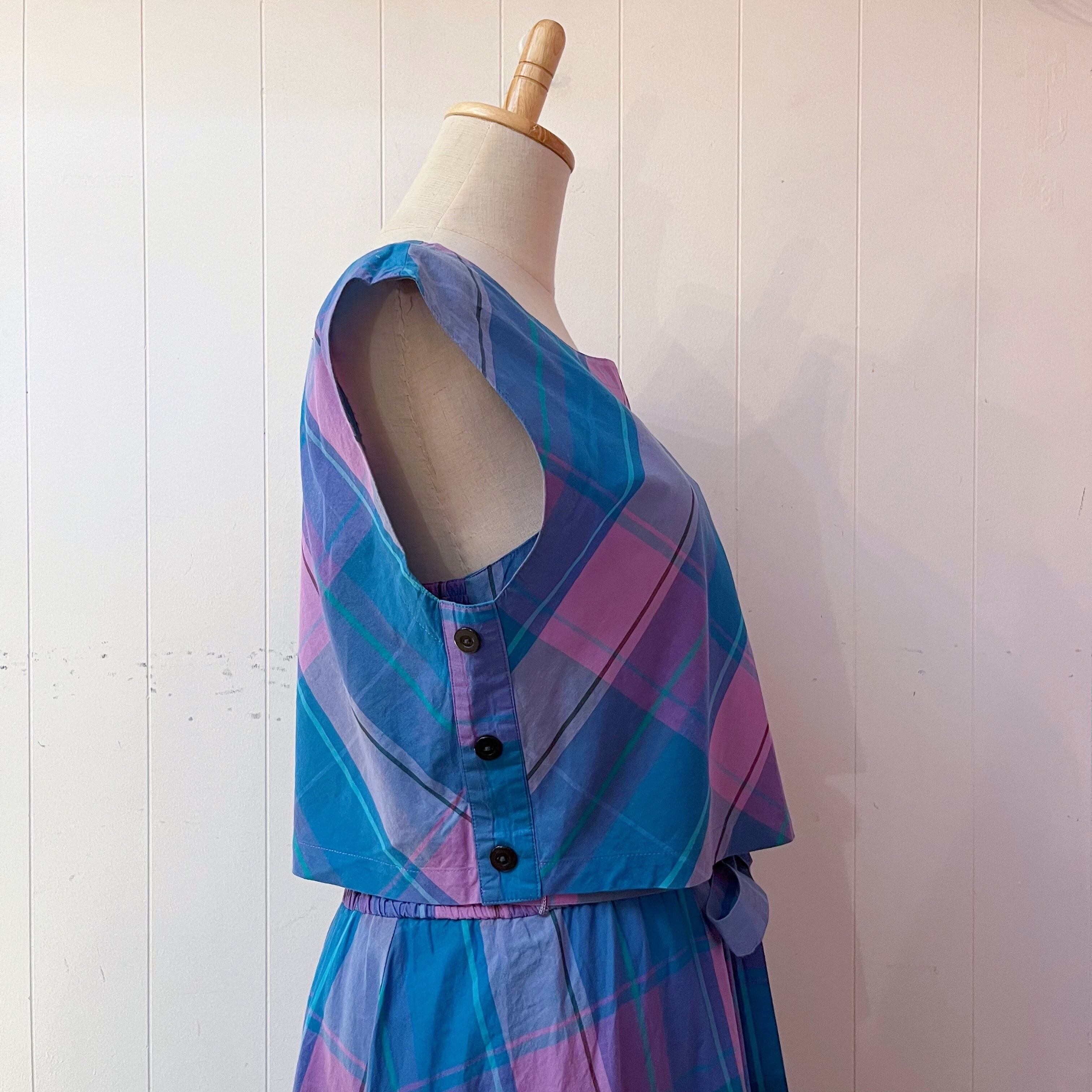 blue pink check ensemble one-piece