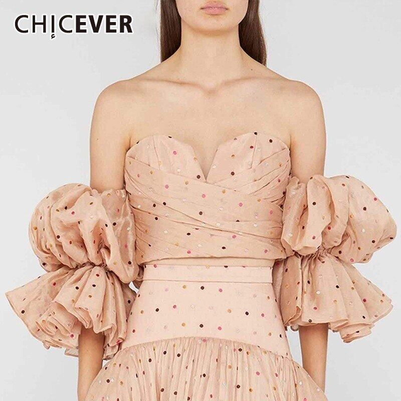 CHICEVERサマーポルカドットレディースブラウスストラップレスVネックオフショルダーペタルスリーブジッパーシースショーツシャツ 夏物 ブルマー 6base534876505571