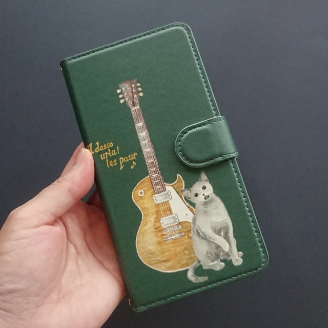 かっこいいギターと猫の手帳型スマホケース カラーバリエーション6 ほぼ全機種対応 アルペジオ Xperia Galaxy Iphone Atomic オリジナルイラストで製作 スマホケース エコバッグ レターセットetc