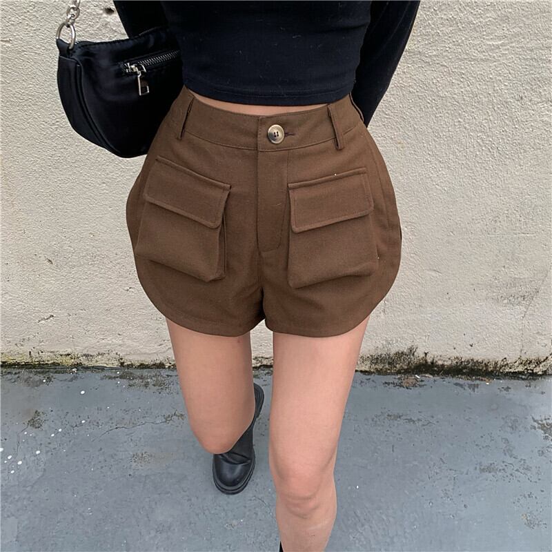 ショーツ ハイウェストウェストスリムオーバーオール ルーズAラインブラックパンツ オータムウィンター 秋物 冬物 ブルマー ブラックストロベリース77069074846