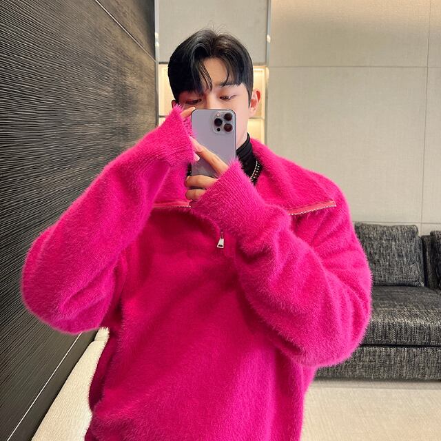 予約販売】ニット セーター 無地 モヘア プルオーバー ブラック ピンク