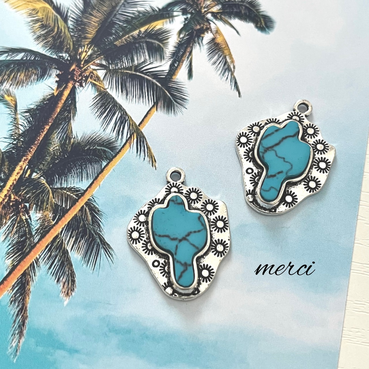 サボテンターコイズ太陽彫刻チャーム/ボヘミアン/ペンダント/アクセサリーパーツ
