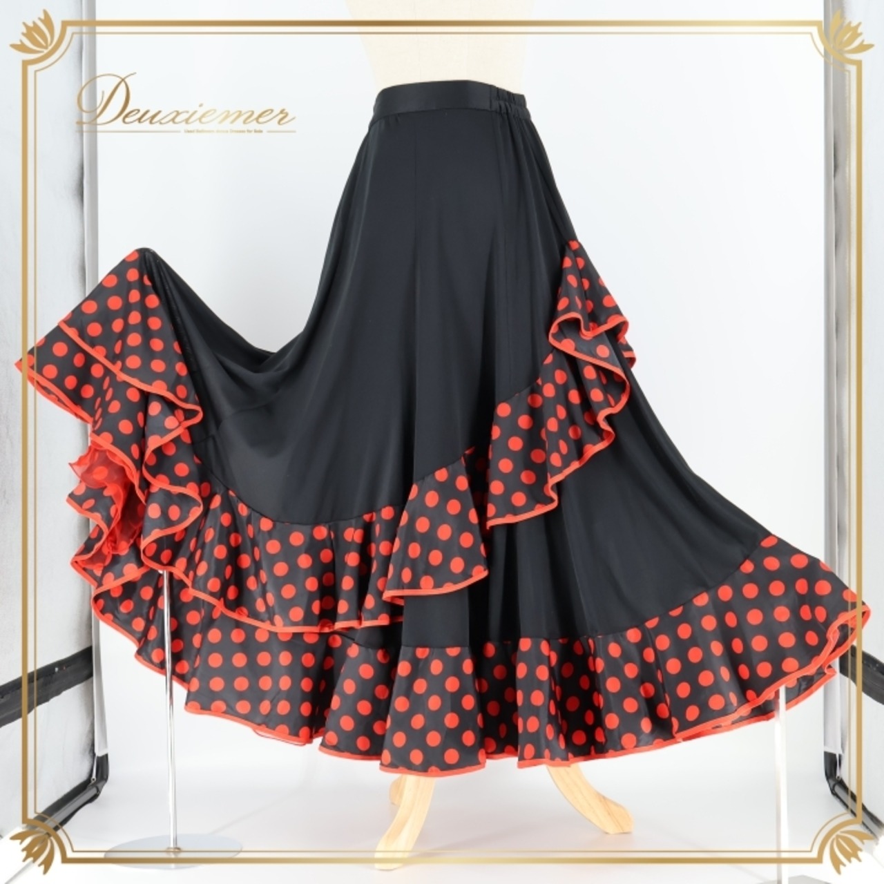 フラメンコ 衣装 ファルダ スカート 黒 赤 水玉 ドット フリル ICHIOKU イチオク ブラック系 レッド系 ダンス パーティ 発表会 フリル フレア スカート 大人サイズ プリント スカート おしゃれ ステージ衣装 踊り レディース フェス レディースファッション
