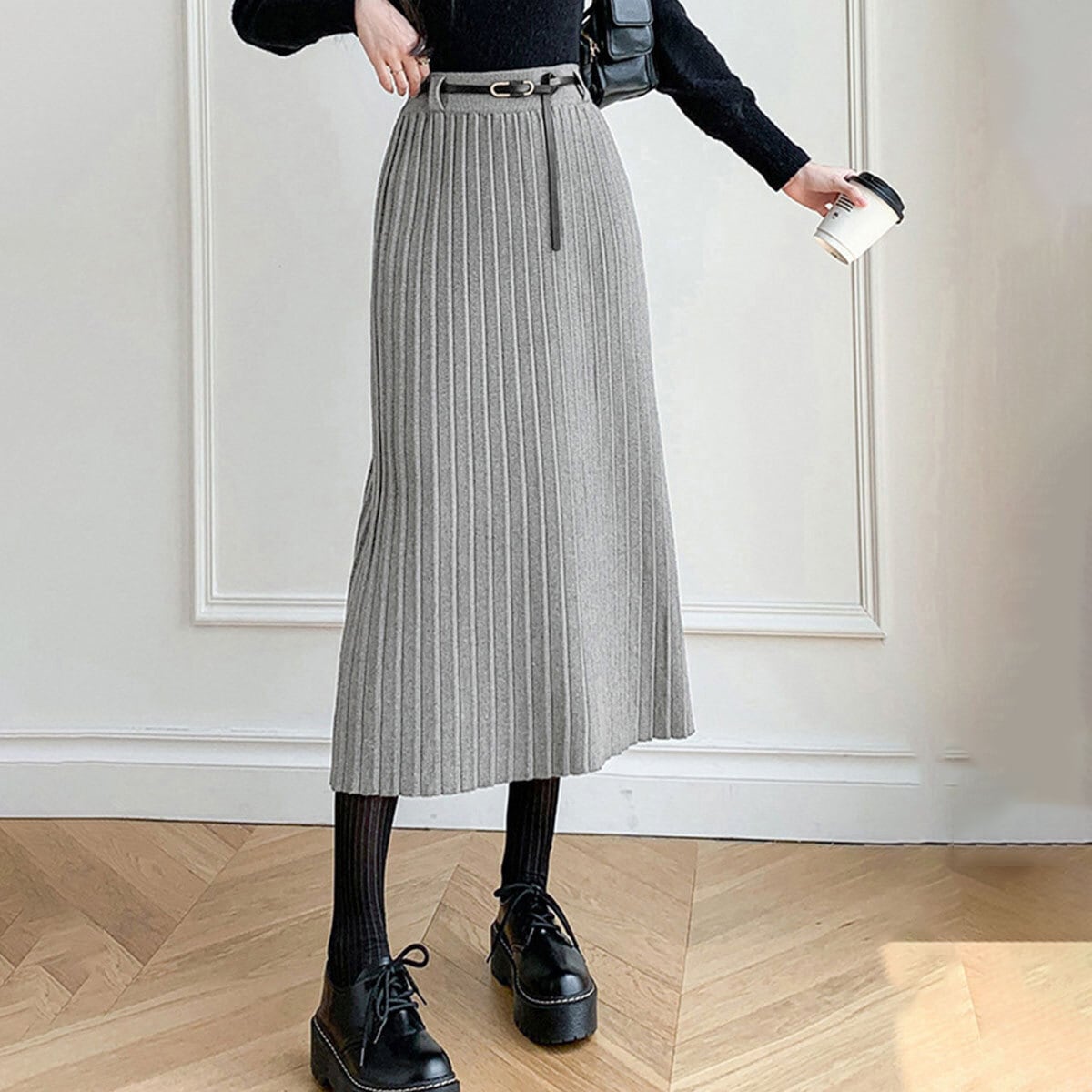 プリーツ ニット スカート レディース 秋冬 韓国 ロングスカート きれいめ 大人 かわいい フェミニン 通勤 ビジネス オフィス シンプル ウエストゴム ハイウエスト ミモレ丈 大人可愛い 大人女子