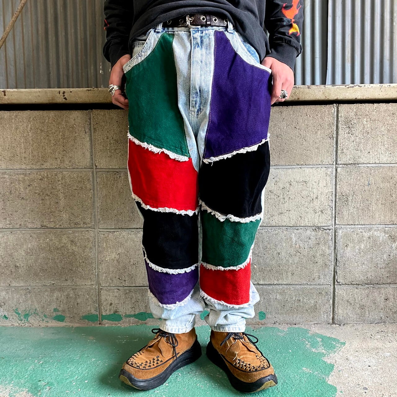 90年代 STEFANO テーパード マルチレザー デザインデニムパンツ メンズ