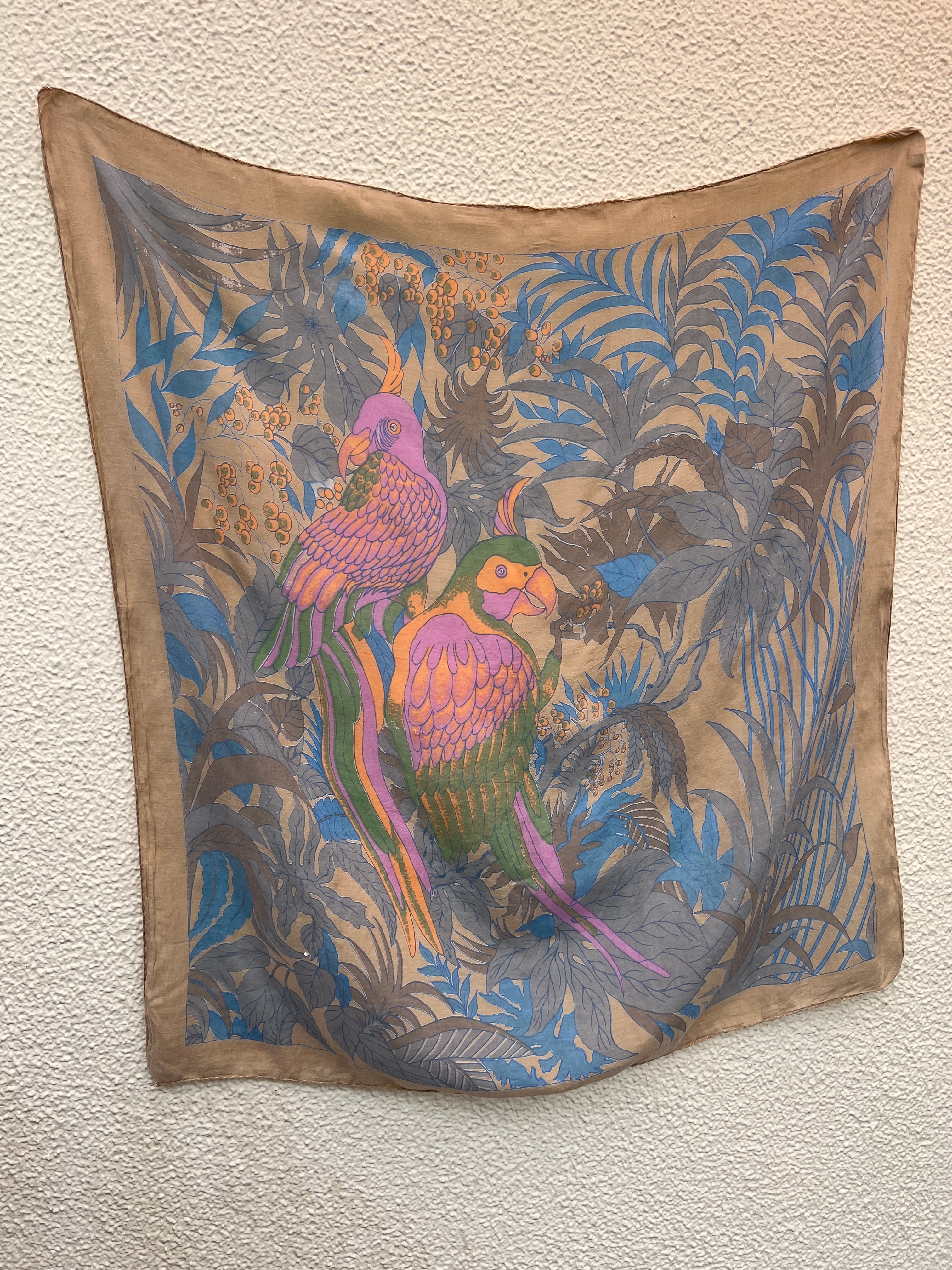 Vintage cappuccino brown bird tropical cotton scarf