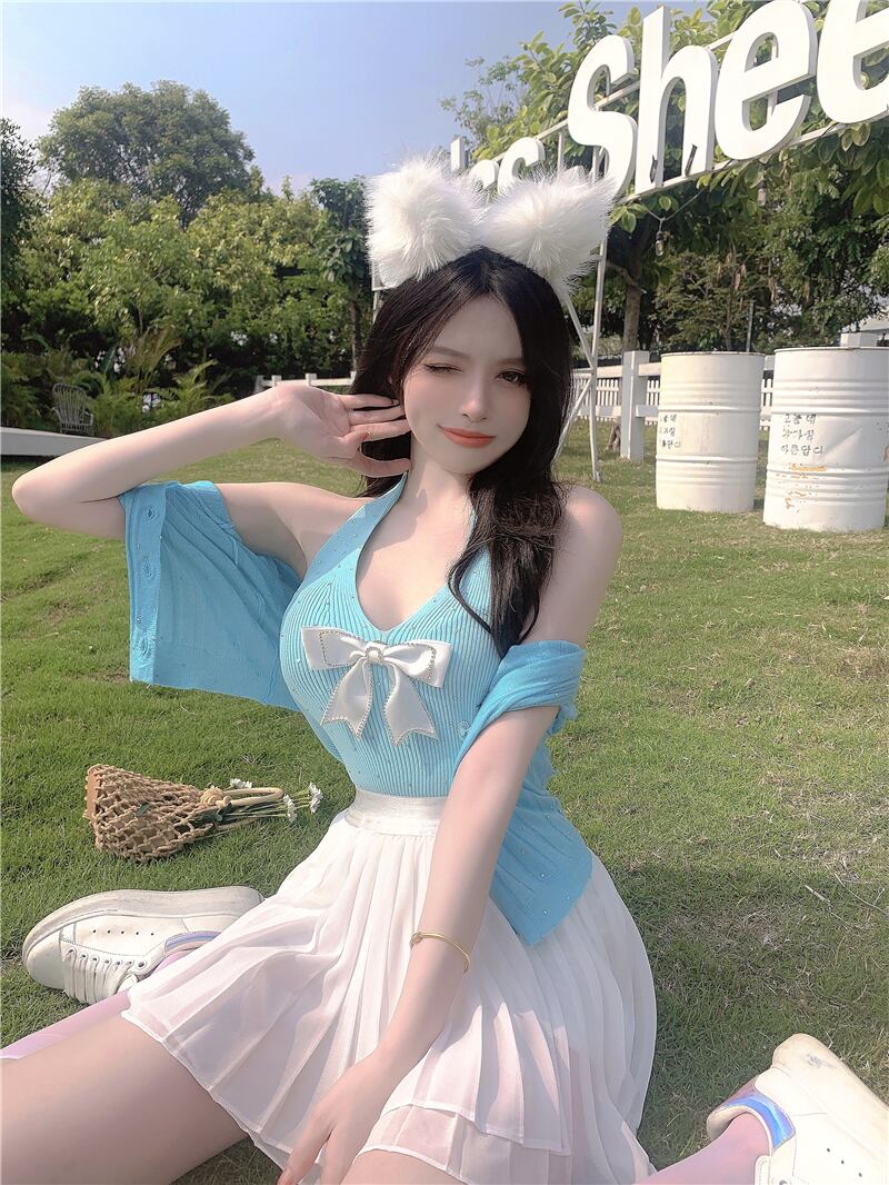 サマーラインストーンリボンホルタートップス 夏物 ブラックストロベリース81336176003