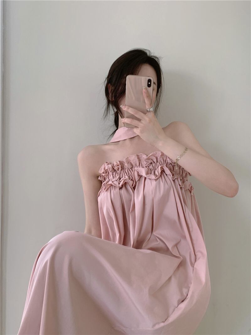 ホルタートップス ドレス スカート サマー ピンク 夏物 ブラックストロベリース52863988586