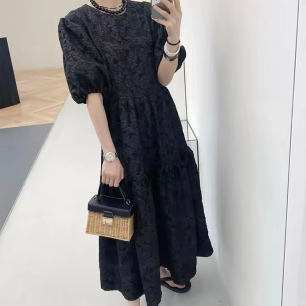 ジャガードパフスリーブワンピース