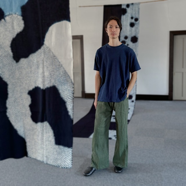 【男女兼用】【ラミー100％】ストレートパンツ【モスグリーン縞柄】サイズ2種