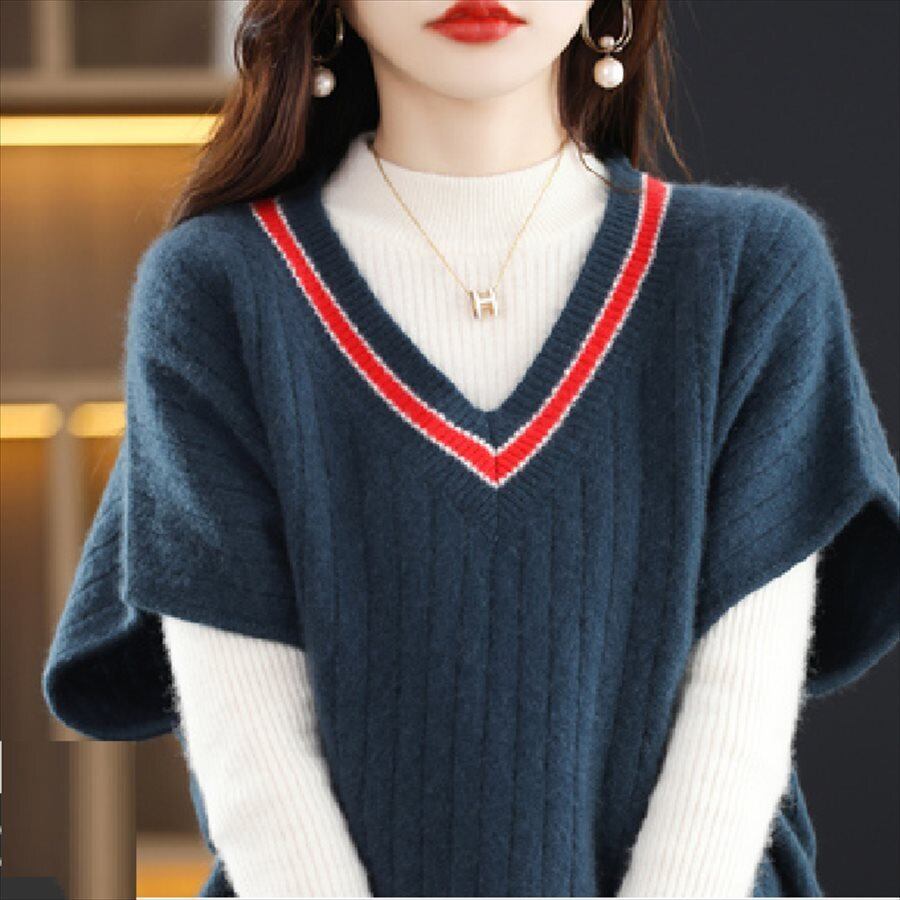 送料無料】 トップス 4色 ベスト 袖あり 半袖 Vネック プルオーバー