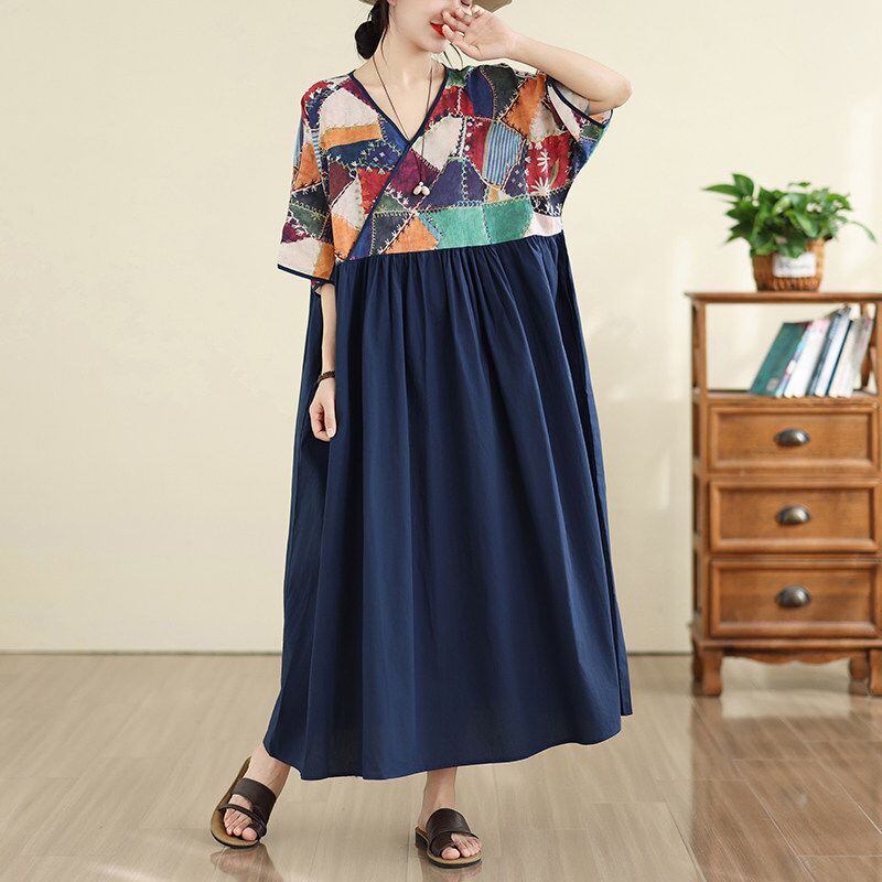 V-NECK PANEL RELAXED MAXI DRESS M-17389