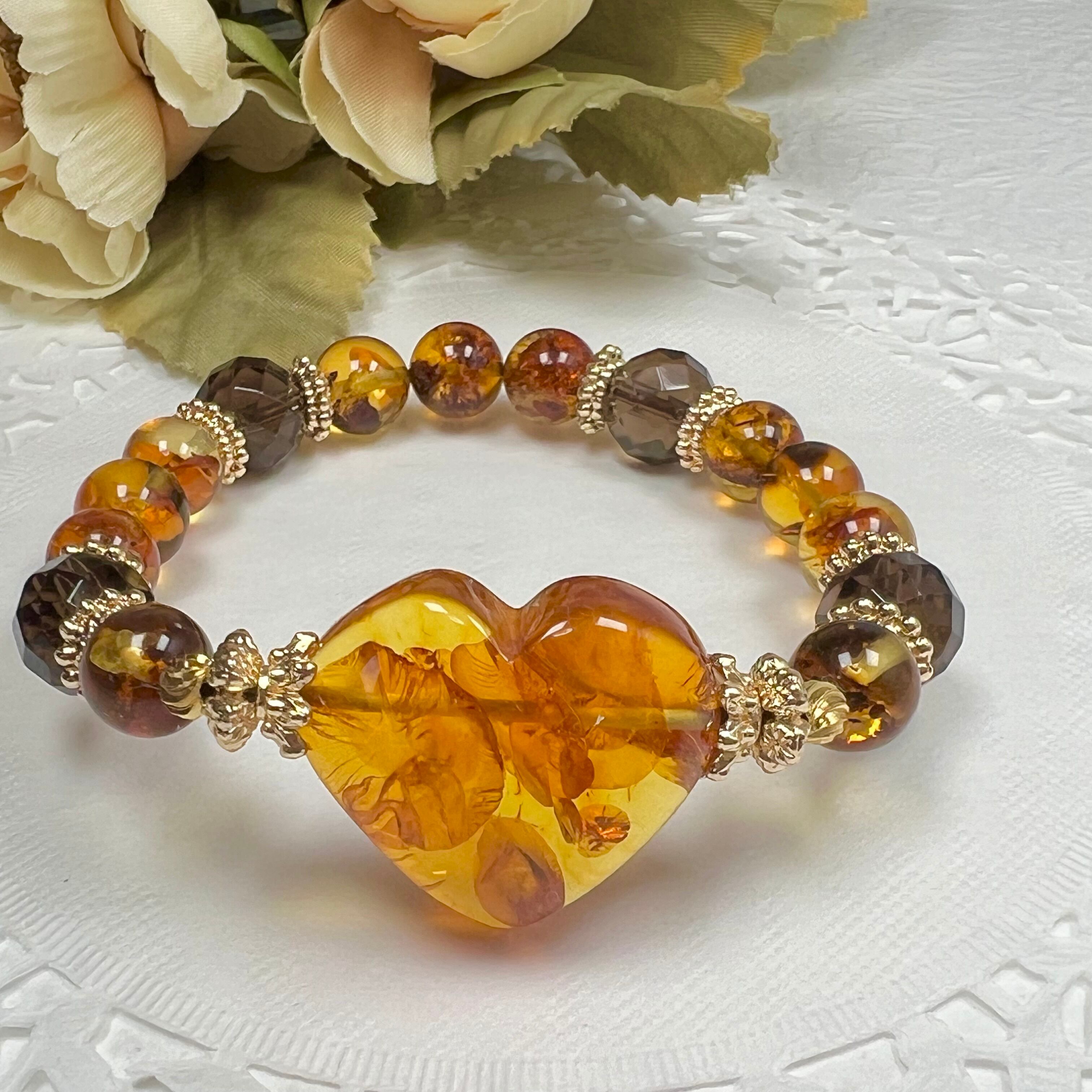 【フラワー アンバー 琥珀 ハート ブレスレット②】︎︎︎︎❤︎送料無料❤︎