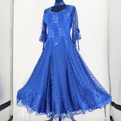 【美品 社交ダンス衣装】ブルー NIEL ワンピース ドレス 青 ストライプ 花柄 レース リボン 軽い 発表会 パーティ 上品 綺麗