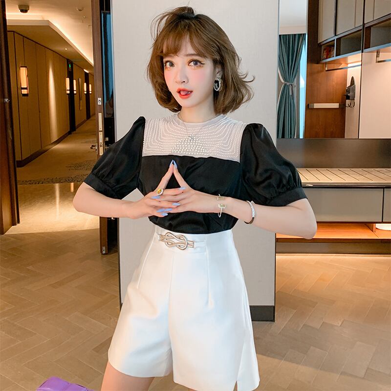 スリーブトップス ハイウェストウェストAラインショーツ オータム 秋物 ブルマー ステッチ MIUCO12853232398