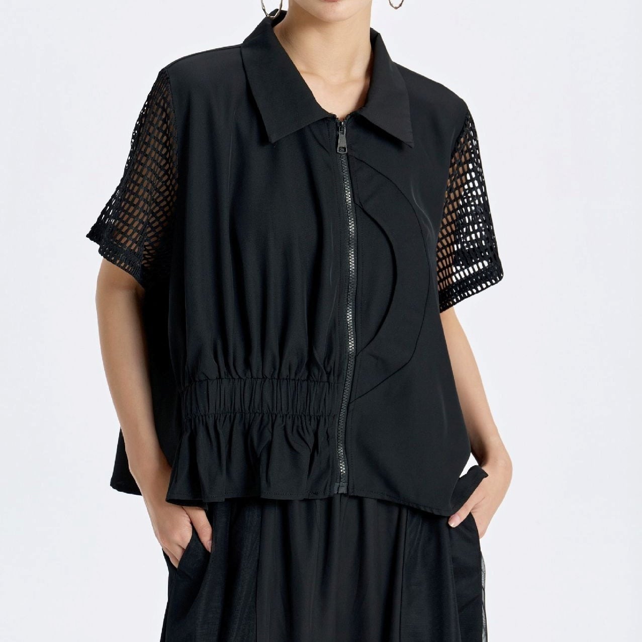 ジップアップ メッシュスリーブ ショート丈 シャツ 1color BL0607