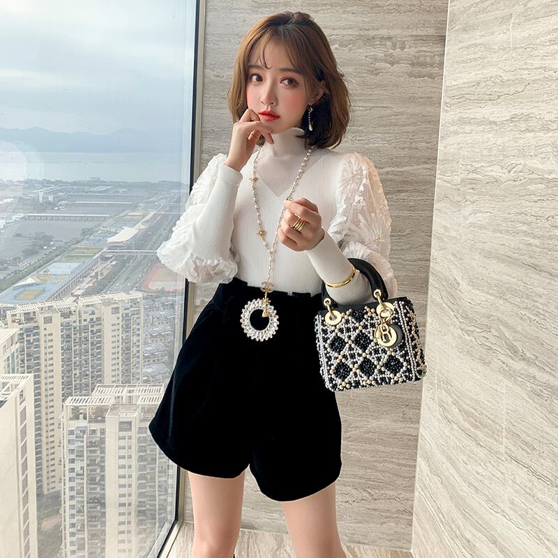 レーススリーブセーター Flowerデザイン ハイウェストウェストベルベットショーツ レディーススプリング 春物 ブルマー フラワーデザイン ステッチ MIUCO45152931179