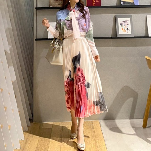 Chest tie elegant floral pleats long dress set up