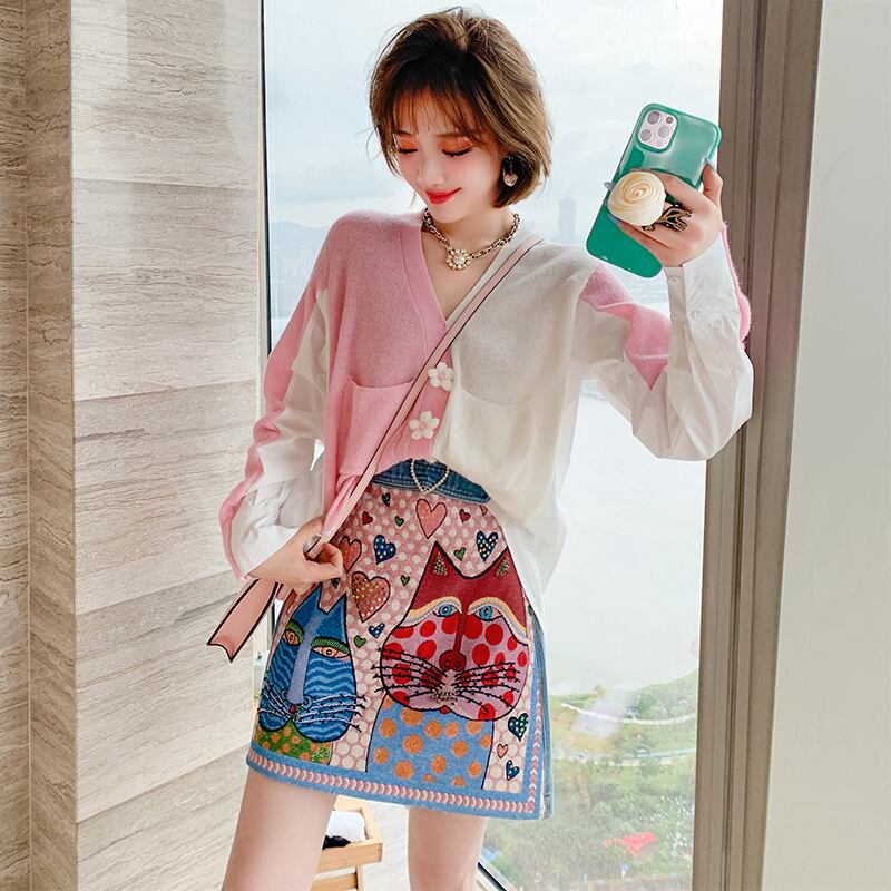 スタンダードスタイル刺繍ジャカードカラーAラインスカート オータム レトロ 秋物 MIUCO24478674927