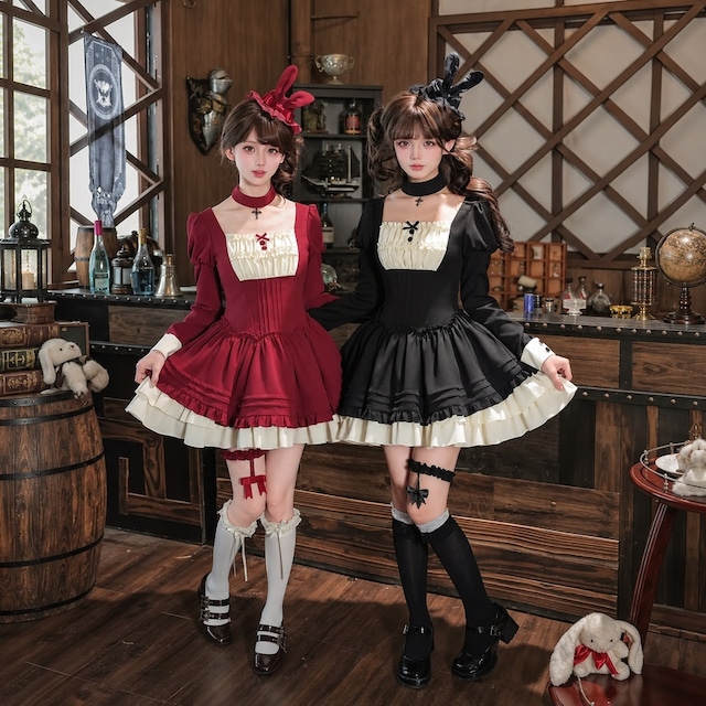 夜兎喫茶のクラシカルメイド フリルミニワンピース｜レッド・ブラック