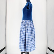 【ハワイ製 フラダンス衣装】ブルー T&L MUUMUU ワンピース ドレス ベロア チェック 青 白 半袖 光沢 高級感 アロハ かわいい