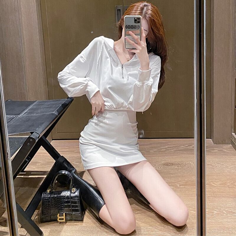 ホワイトスカート オータムジッパーウェストフードドレス ロング 秋物 ピュア ガールズファッション14818668353