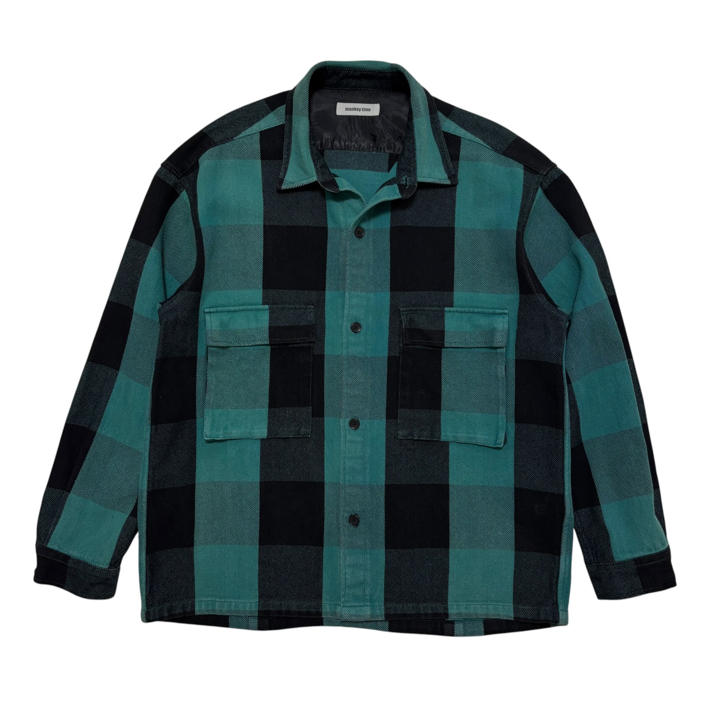 古着 モンキータイム CPOシャツ クリーニング済み MONKEY TIME ブロックチェック 厚手 シャツジャケット メンズM 黒 緑
