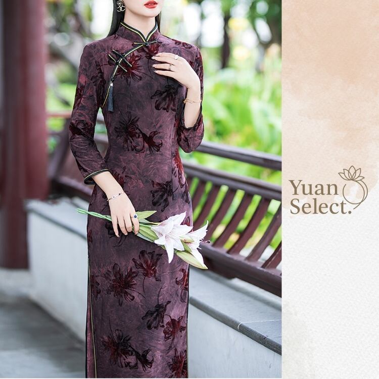 花柄ベルベット　旗袍ワンピース　YS00072