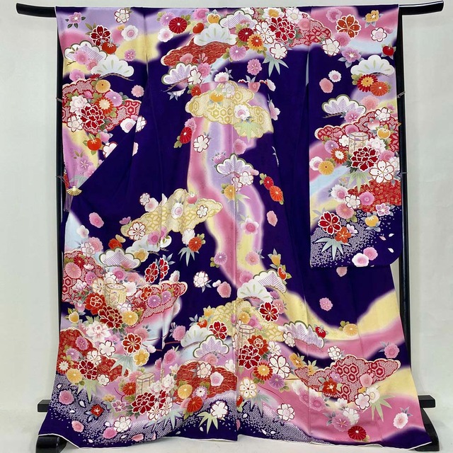 振袖 中古 青 幅広 大きい 正絹 古典 裄67cm 身丈174cm 美品 L サイズ 成人式 5060