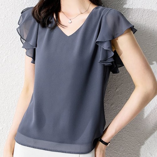 ブラウス シフォン Vネック 袖フリル 半袖 トップス レディース シフォンブラウス フリル 袖 シャツブラウス 上品 通勤 大きいサイズ レディース 春夏 ゆったり トップス ボリューム袖