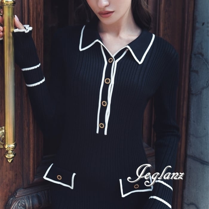 4色 バイカラー ニット ワンピース 襟付き スリム レトロ感 (MB485)γ