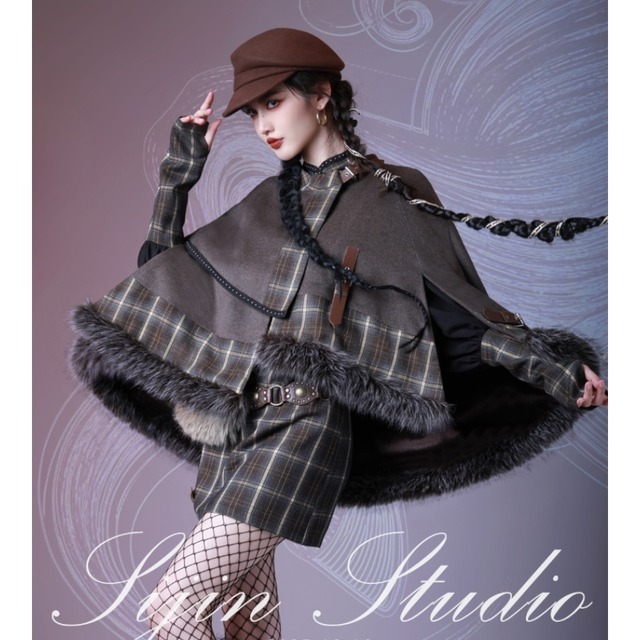 チェック切替 ファー付きケープコート｜大人クラシカルロリィタ・アラサー向け 冬アウター