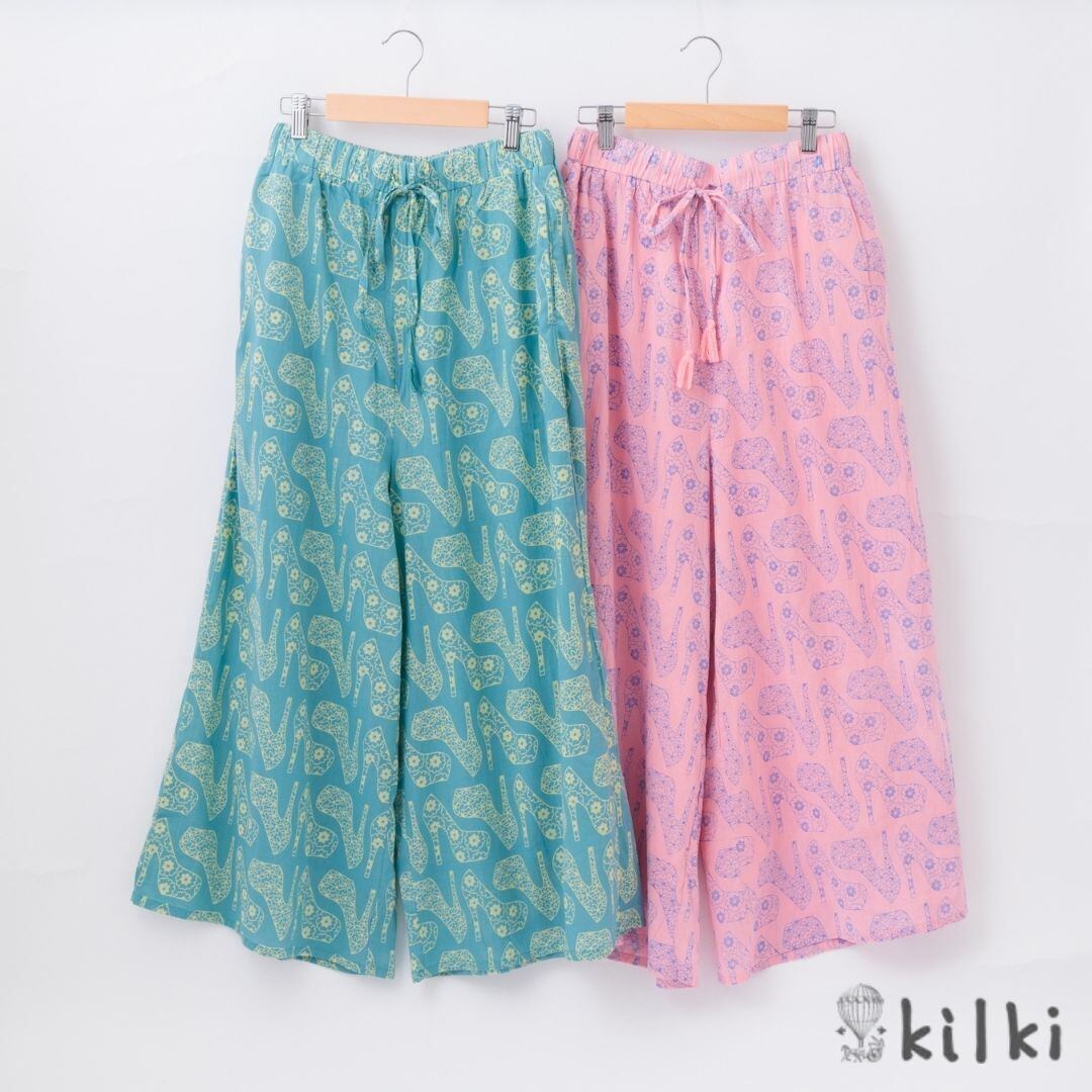 KILKI キルキー パンツ レディース 楽 夏 涼しい 柄 シューズ ゆったり 綿100 コットン100% テキスタイル 花柄 おしゃれ かわいい ギフト プレゼント ブルー ピンク 6M-P31 Kl047