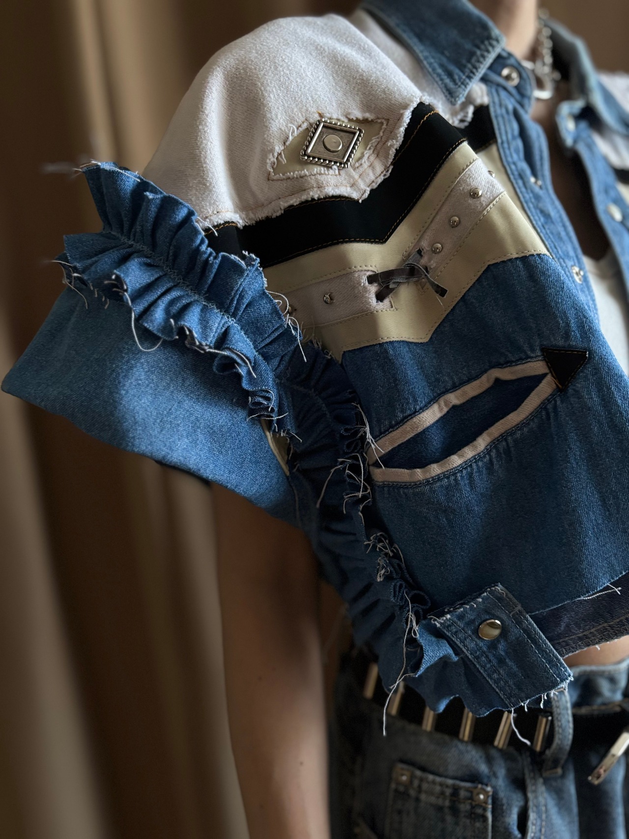 western crochet remake dungaree shirt-4722-5