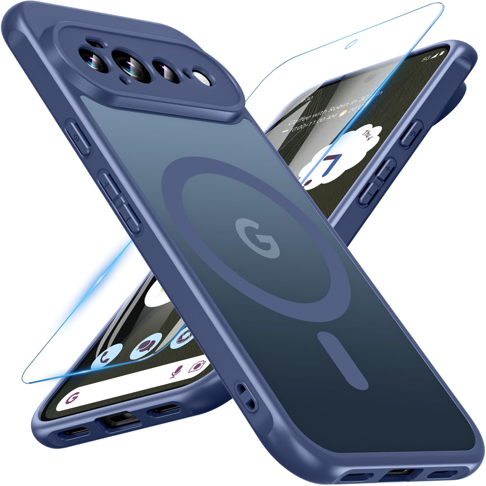 OWKEY Google Pixel 11 Pro XL ケース ガラスフィルム付き MagSafe対応 ワイヤレス充電 半透明 耐衝撃 ブルー