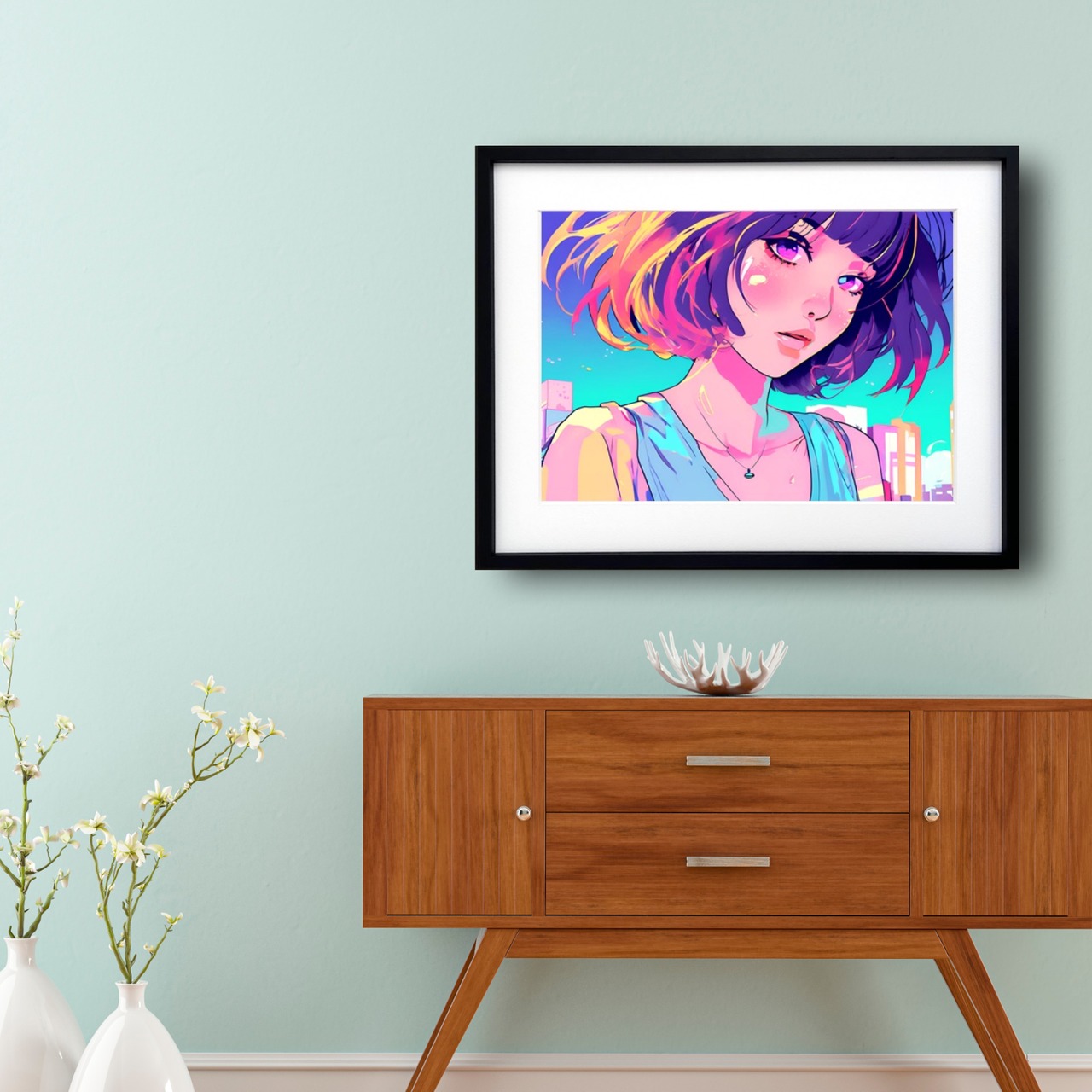 Bob Girl Ⅱ｜レトロポップなボブヘア女性アートポスター｜淡いパステルが描くシティポップな大人かわいいインテリアA2ポスター