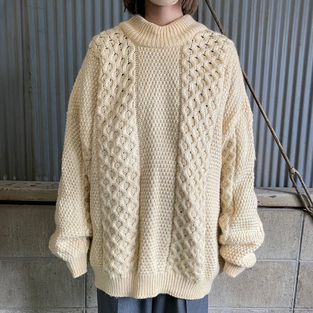 Vintage 70sウールセーター アランニット 手編 持ち替える L
