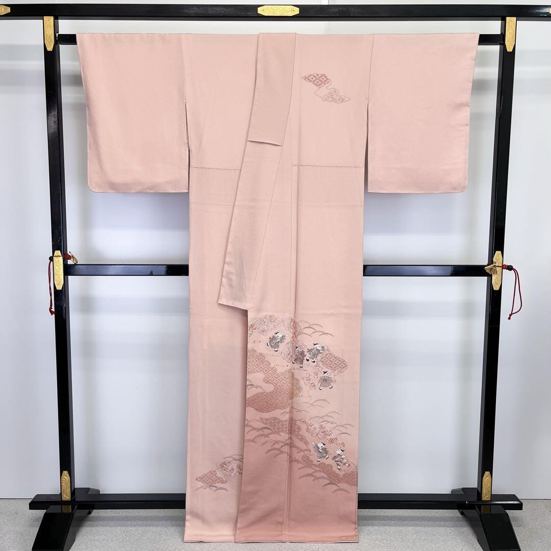 付下げ 刺繍柄 童子 七宝繋ぎ雲模様 暈し 縮緬 曙色 しつけ糸 K-3776  